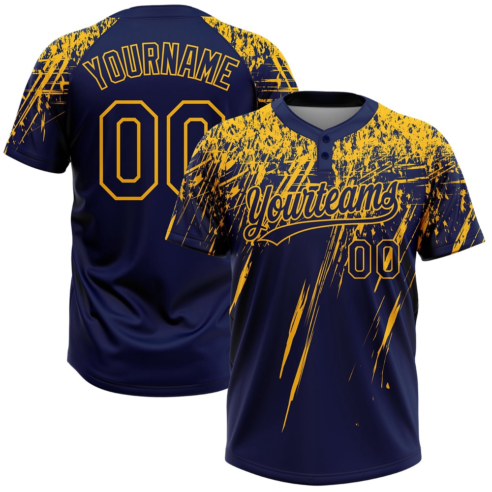 Navy Gold 3D Pattern Abstract Sharp Shape Two Button Unisex Softball Jersey, Custom Team Softball Jersey Navy Gold 3D Pattern Abstract Sharp Shape Two Button Unisex Softball Jersey, Custom Team Softball Jersey