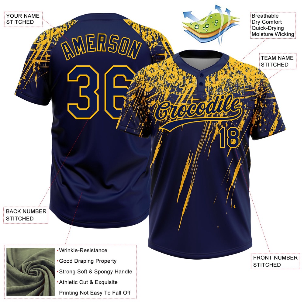 Navy Gold 3D Pattern Abstract Sharp Shape Two Button Unisex Softball Jersey, Custom Team Softball Jersey Navy Gold 3D Pattern Abstract Sharp Shape Two Button Unisex Softball Jersey, Custom Team Softball Jersey