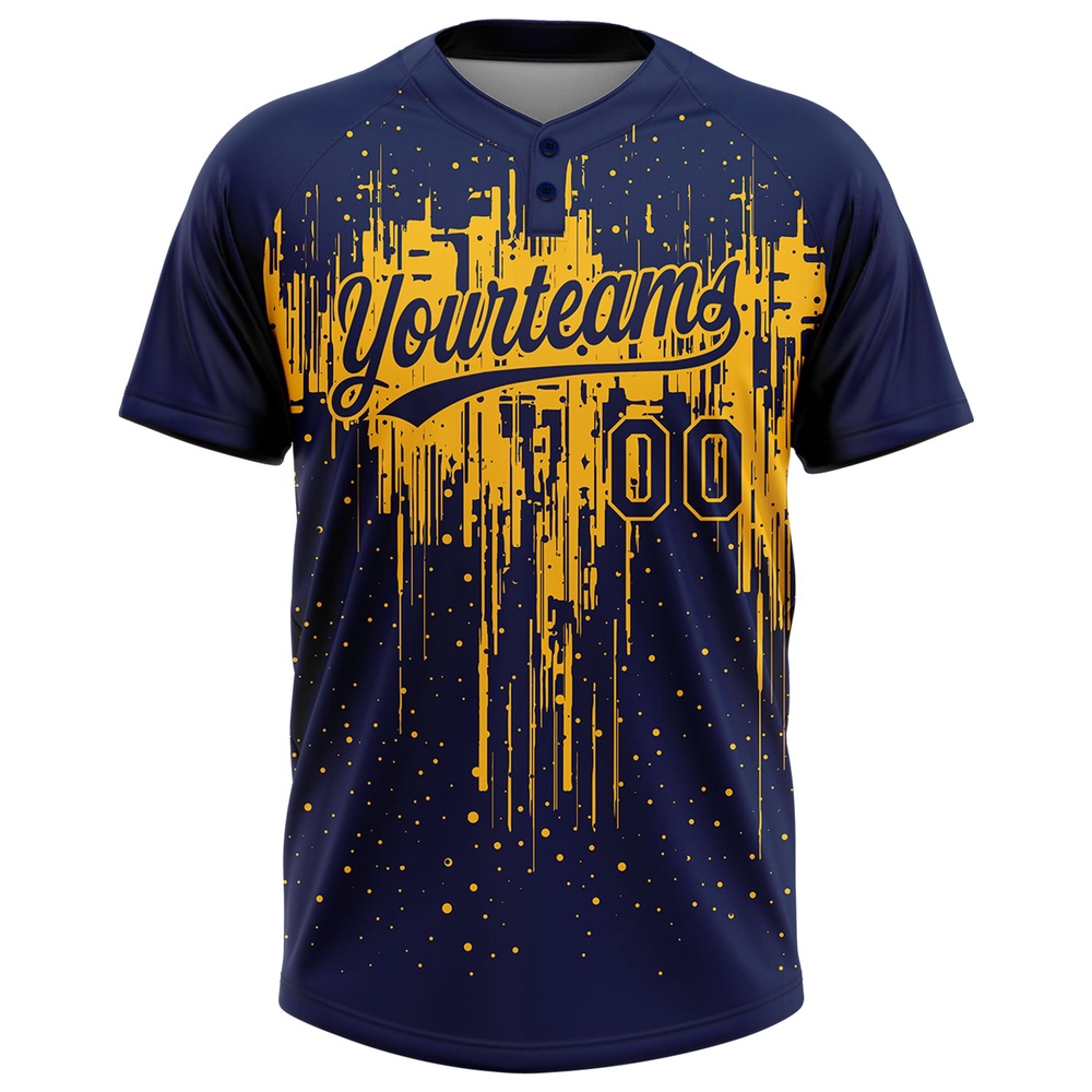 Navy Gold 3D Pattern Dripping Splatter Art Two Button Unisex Softball Jersey, Custom Team Softball Jersey