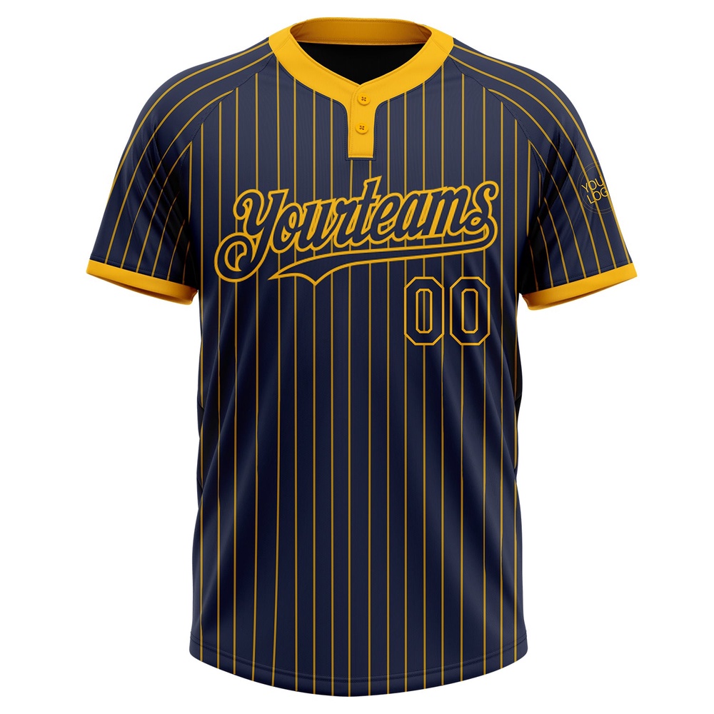 Navy Gold Pinstripe Gold Two Button Unisex Softball Jersey, Custom Team Softball Jersey Navy Gold Pinstripe Gold Two Button Unisex Softball Jersey, Custom Team Softball Jersey