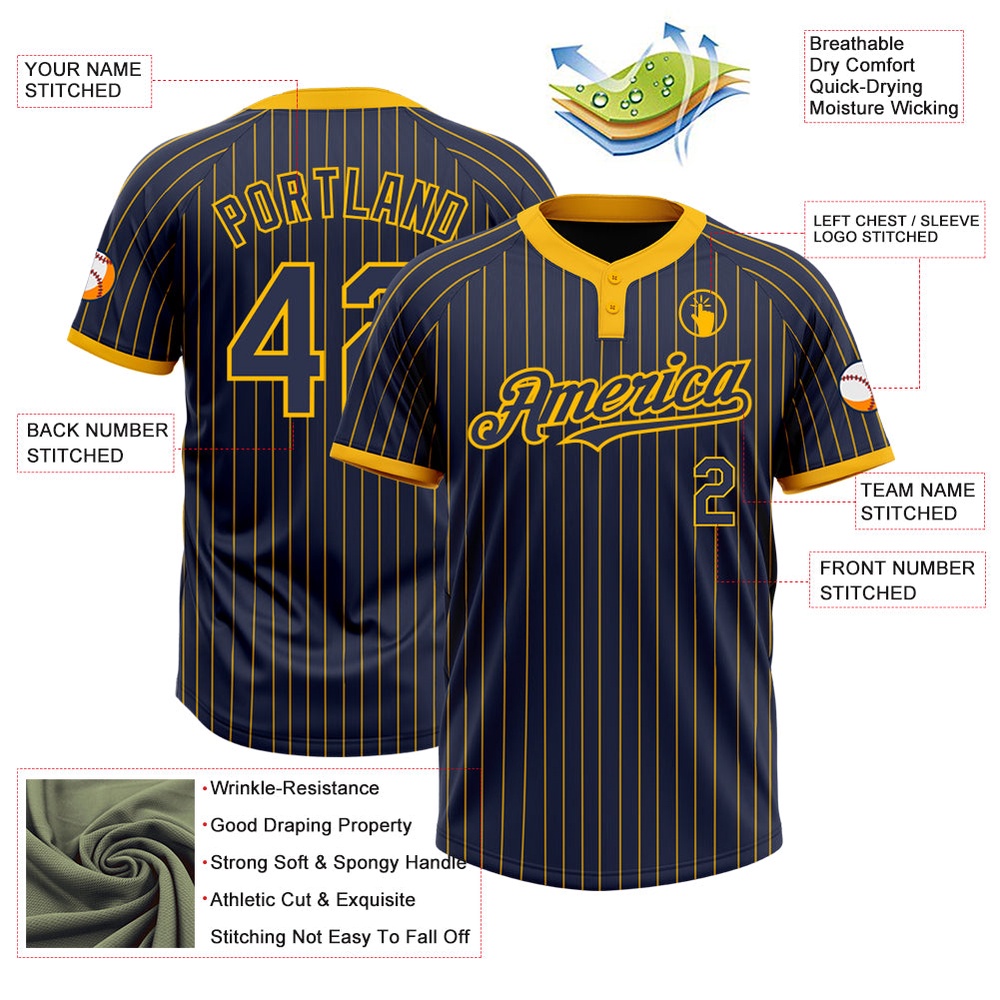 Navy Gold Pinstripe Gold Two Button Unisex Softball Jersey, Custom Team Softball Jersey Navy Gold Pinstripe Gold Two Button Unisex Softball Jersey, Custom Team Softball Jersey