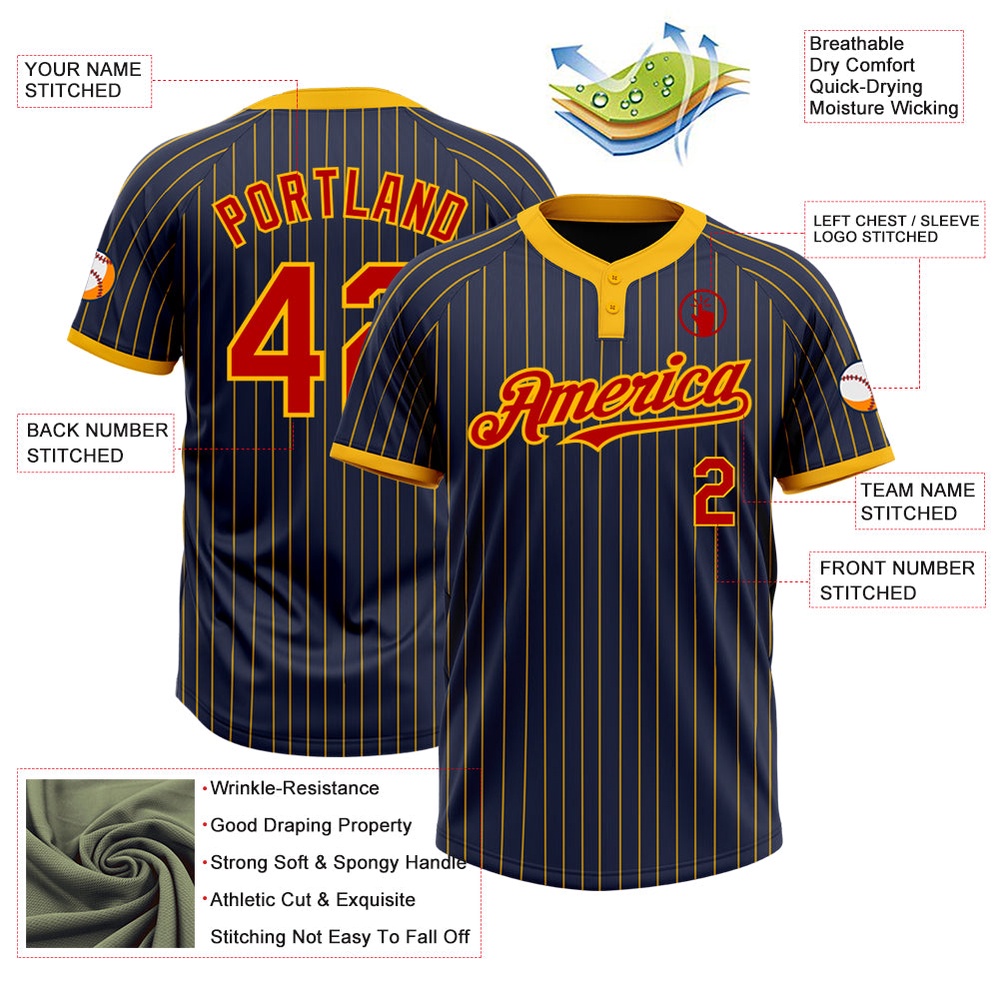 Navy Gold Pinstripe Red Two Button Unisex Softball Jersey, Custom Team Softball Jersey