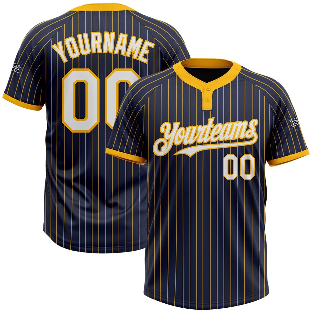 Navy Gold Pinstripe White Two Button Unisex Softball Jersey, Custom Team Softball Jersey Navy Gold Pinstripe White Two Button Unisex Softball Jersey, Custom Team Softball Jersey