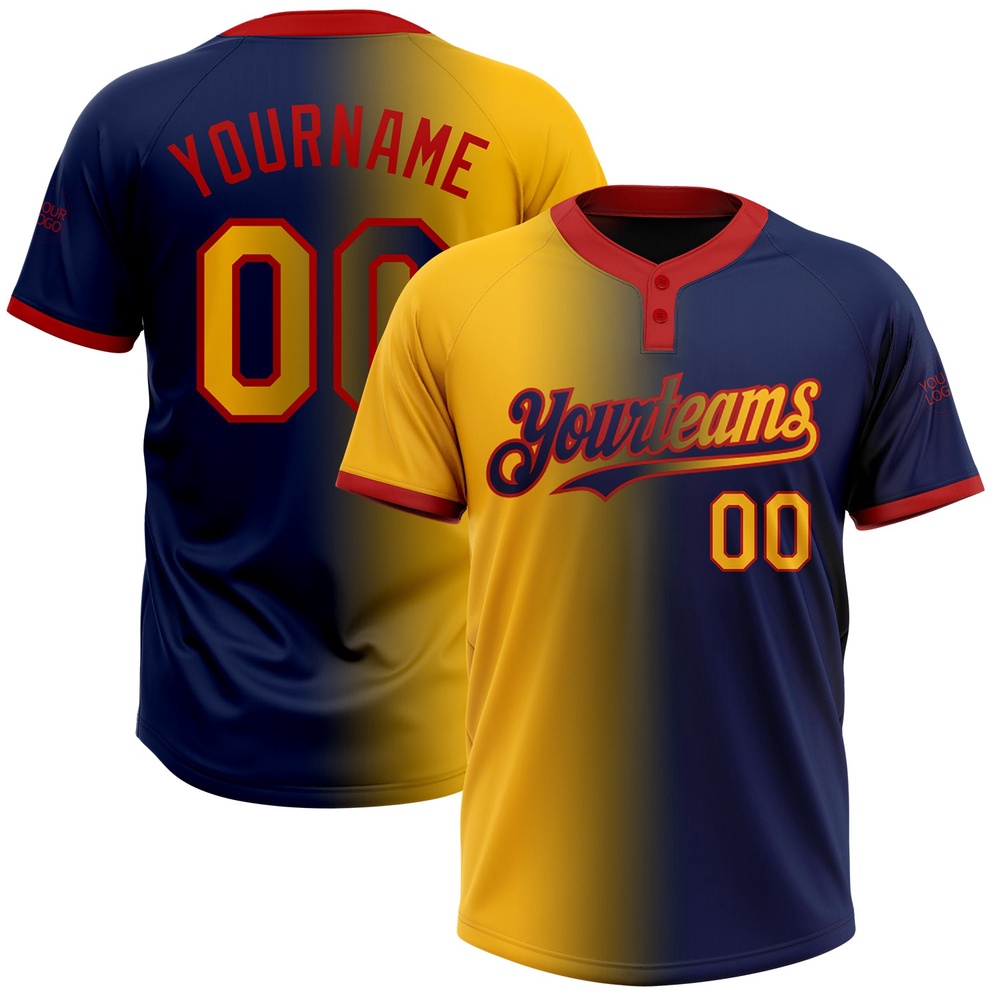 Navy Gold Red Gradient Fashion Two Button Unisex Softball Jersey, Custom Team Softball Jersey