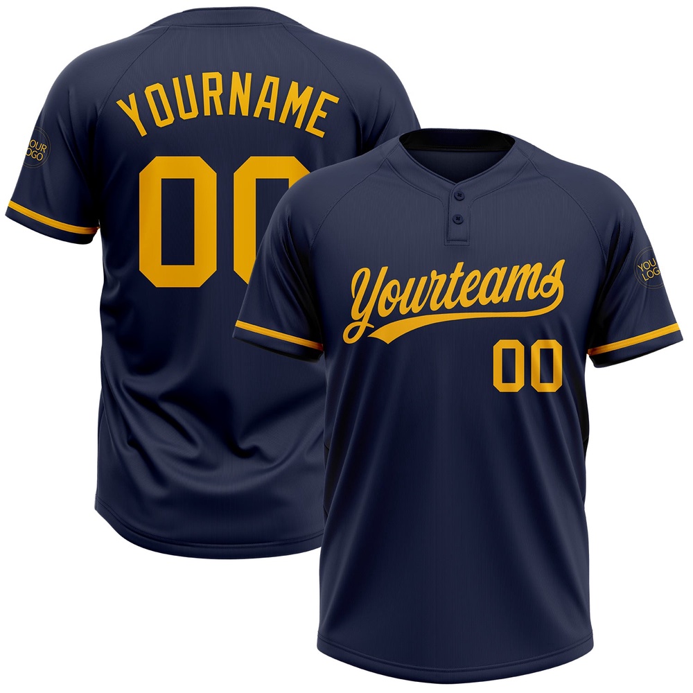 Navy Gold Two Button Unisex Softball Jersey, Custom Team Softball Jersey
