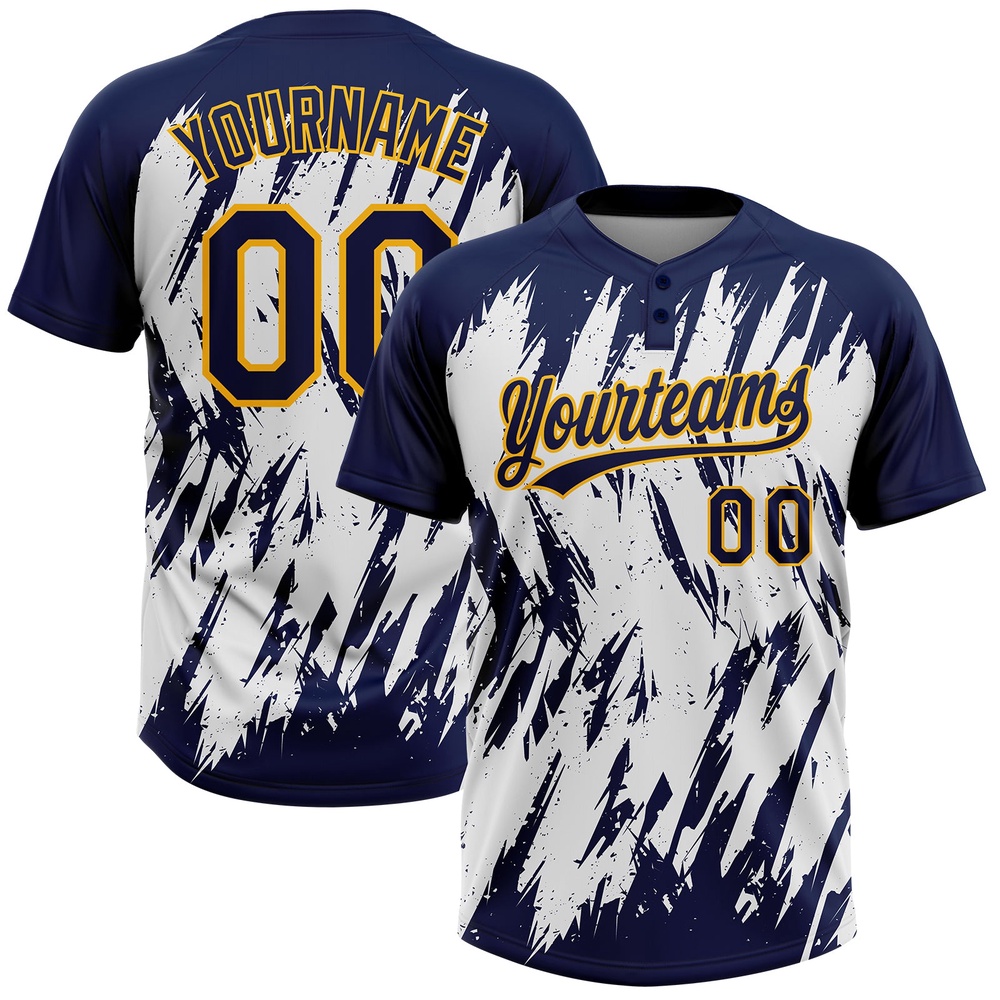 Navy Gold White 3D Pattern Abstract Sharp Shape Two Button Unisex Softball Jersey, Custom Team Softball Jersey Navy Gold White 3D Pattern Abstract Sharp Shape Two Button Unisex Softball Jersey, Custom Team Softball Jersey