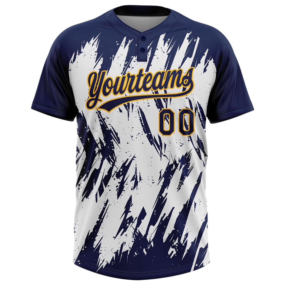 Navy Gold White 3D Pattern Abstract Sharp Shape Two Button Unisex Softball Jersey, Custom Team Softball Jersey Navy Gold White 3D Pattern Abstract Sharp Shape Two Button Unisex Softball Jersey, Custom Team Softball Jersey