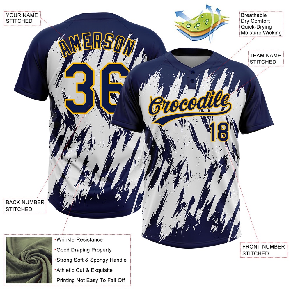 Navy Gold White 3D Pattern Abstract Sharp Shape Two Button Unisex Softball Jersey, Custom Team Softball Jersey Navy Gold White 3D Pattern Abstract Sharp Shape Two Button Unisex Softball Jersey, Custom Team Softball Jersey