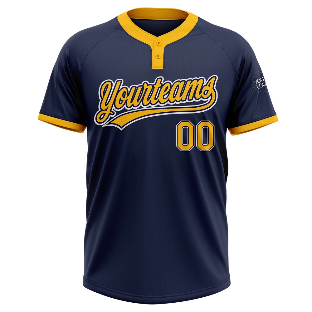 Navy Gold White Two Button Unisex Softball Jersey, Custom Team Softball Jersey Navy Gold White Two Button Unisex Softball Jersey, Custom Team Softball Jersey