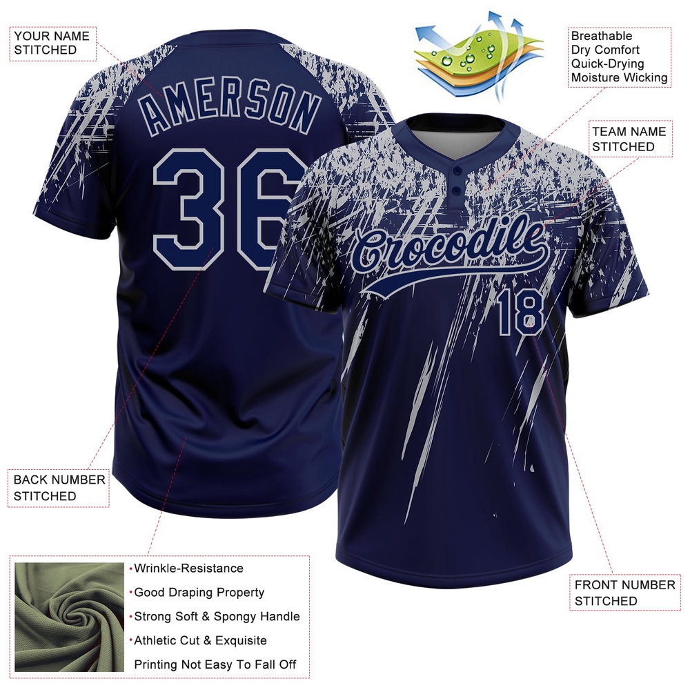 Navy Gray 3D Pattern Abstract Sharp Shape Two Button Unisex Softball Jersey, Custom Team Softball Jersey Navy Gray 3D Pattern Abstract Sharp Shape Two Button Unisex Softball Jersey, Custom Team Softball Jersey