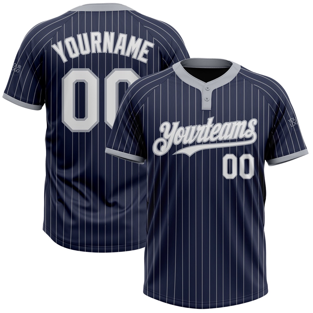 Navy Gray Pinstripe White Two Button Unisex Softball Jersey, Custom Team Softball Jersey Navy Gray Pinstripe White Two Button Unisex Softball Jersey, Custom Team Softball Jersey