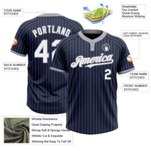 Navy Gray Pinstripe White Two Button Unisex Softball Jersey Custom Team Softball Jersey 3 yspnvy.jpg