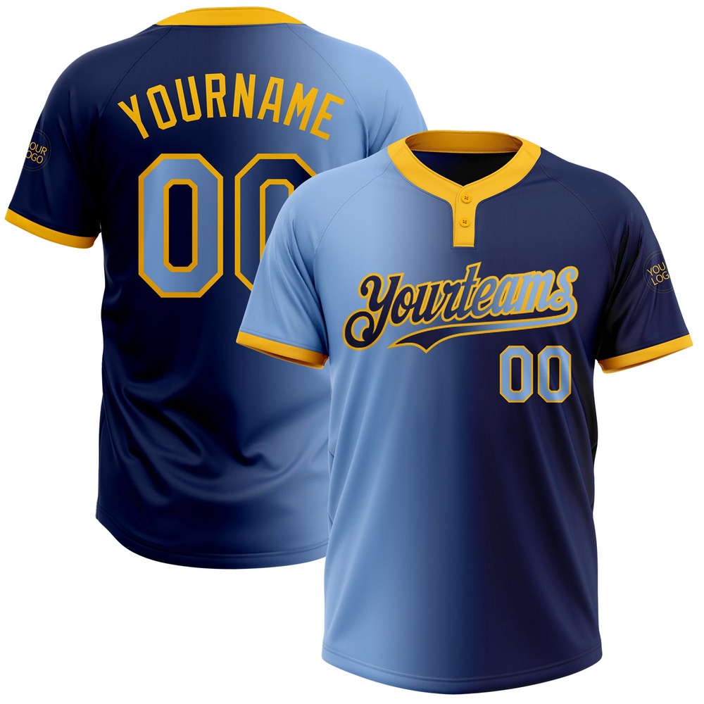 Navy Light Blue Gold Gradient Fashion Two Button Unisex Softball Jersey, Custom Team Softball Jersey Navy Light Blue Gold Gradient Fashion Two Button Unisex Softball Jersey, Custom Team Softball Jersey