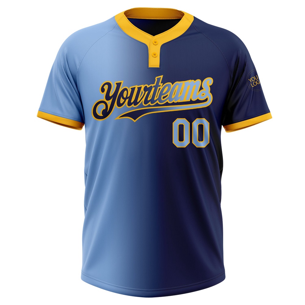 Navy Light Blue Gold Gradient Fashion Two Button Unisex Softball Jersey, Custom Team Softball Jersey Navy Light Blue Gold Gradient Fashion Two Button Unisex Softball Jersey, Custom Team Softball Jersey