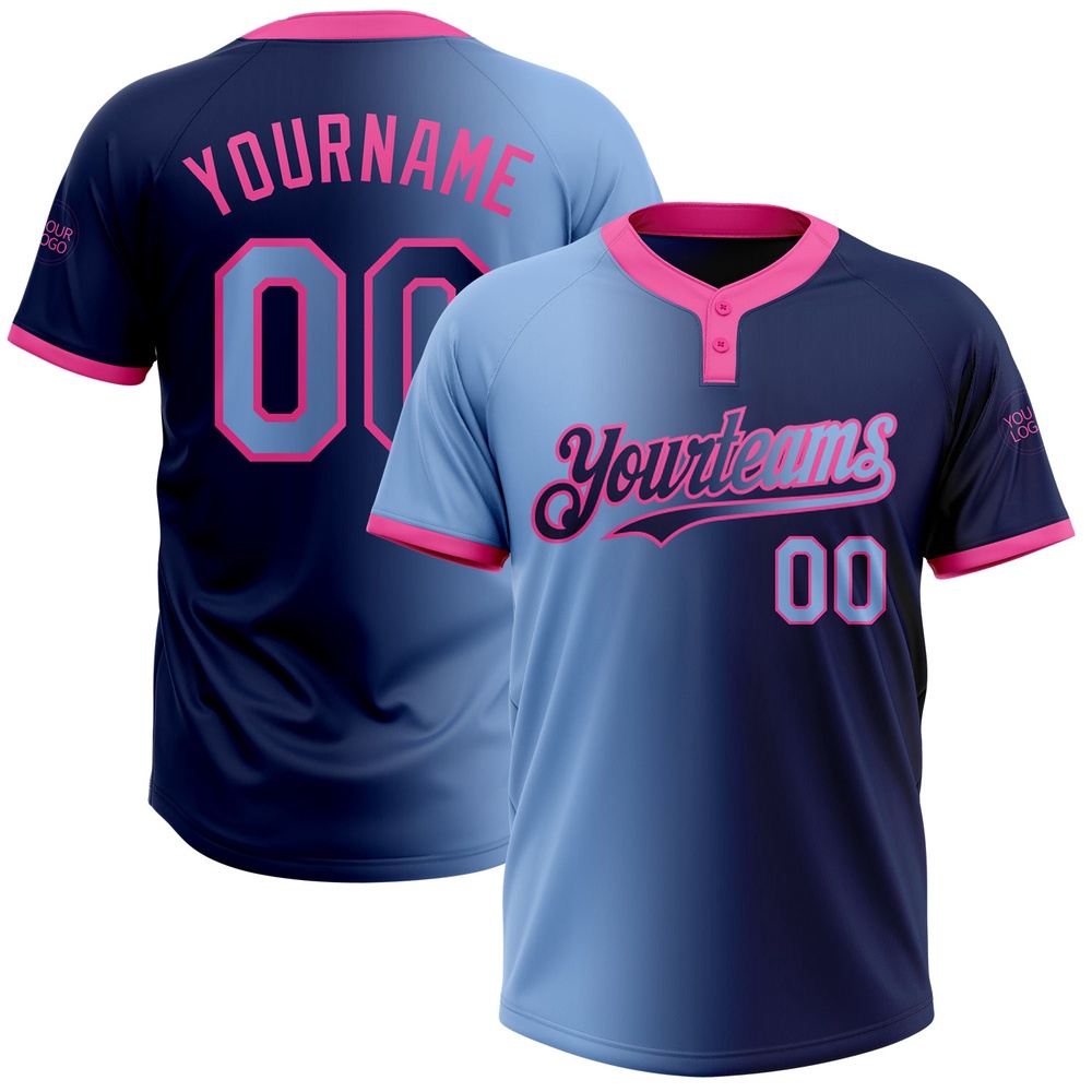 Navy Light Blue Pink Gradient Fashion Two Button Unisex Softball Jersey, Custom Team Softball Jersey Navy Light Blue Pink Gradient Fashion Two Button Unisex Softball Jersey, Custom Team Softball Jersey