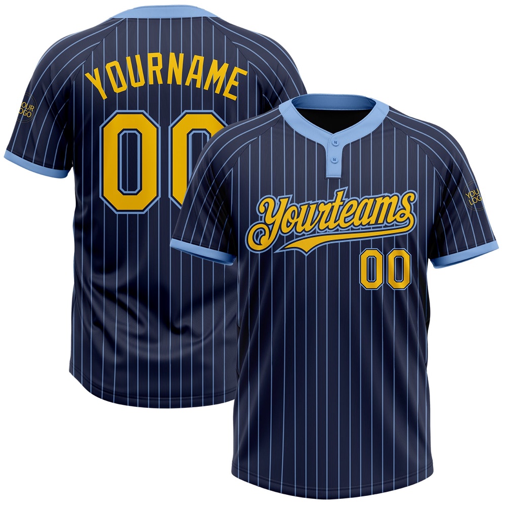 Navy Light Blue Pinstripe Yellow Two Button Unisex Softball Jersey, Custom Team Softball Jersey Navy Light Blue Pinstripe Yellow Two Button Unisex Softball Jersey, Custom Team Softball Jersey