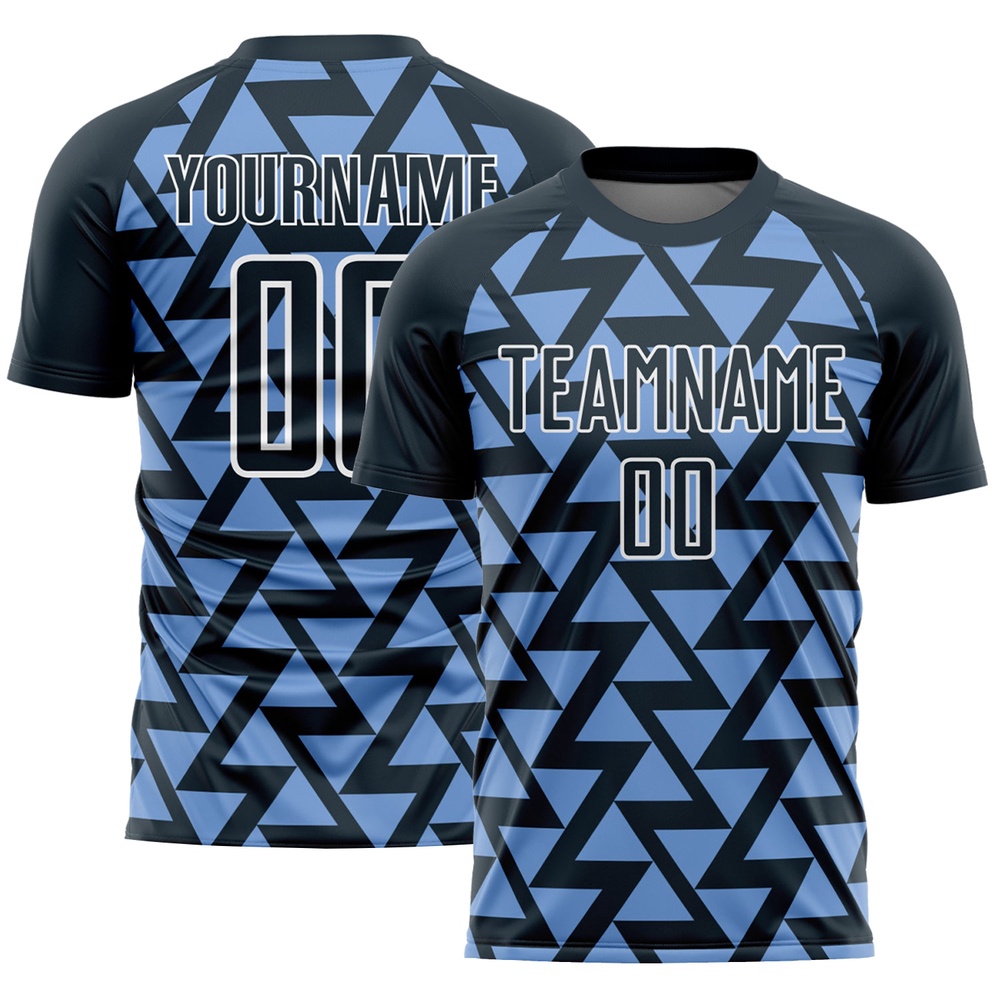 Navy Light Blue White Abstract Geometric Triangles Sublimation Soccer Uniform Jersey, Custom Team Soccer Jersey Shirt