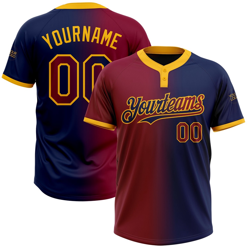 Navy Maroon Gold Gradient Fashion Two Button Unisex Softball Jersey, Custom Team Softball Jersey Navy Maroon Gold Gradient Fashion Two Button Unisex Softball Jersey, Custom Team Softball Jersey