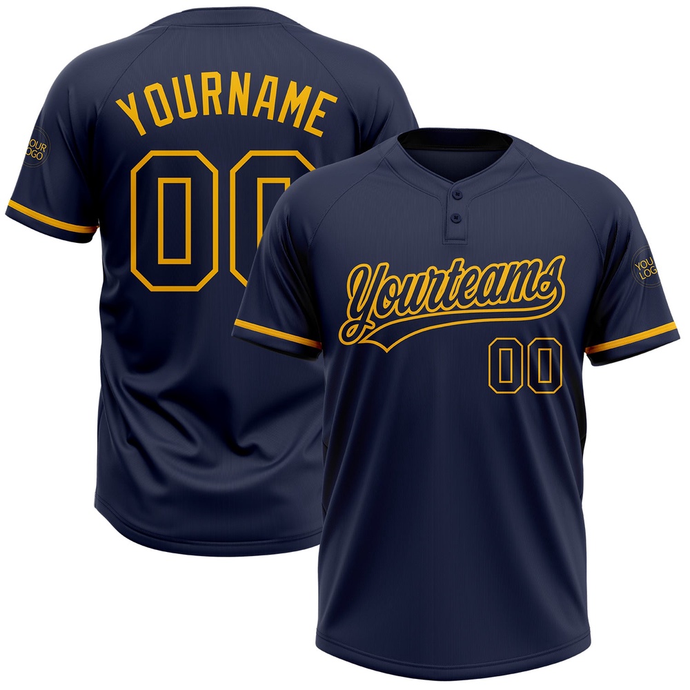 Navy Navy Gold Two Button Unisex Softball Jersey, Custom Team Softball Jersey Navy Navy Gold Two Button Unisex Softball Jersey, Custom Team Softball Jersey