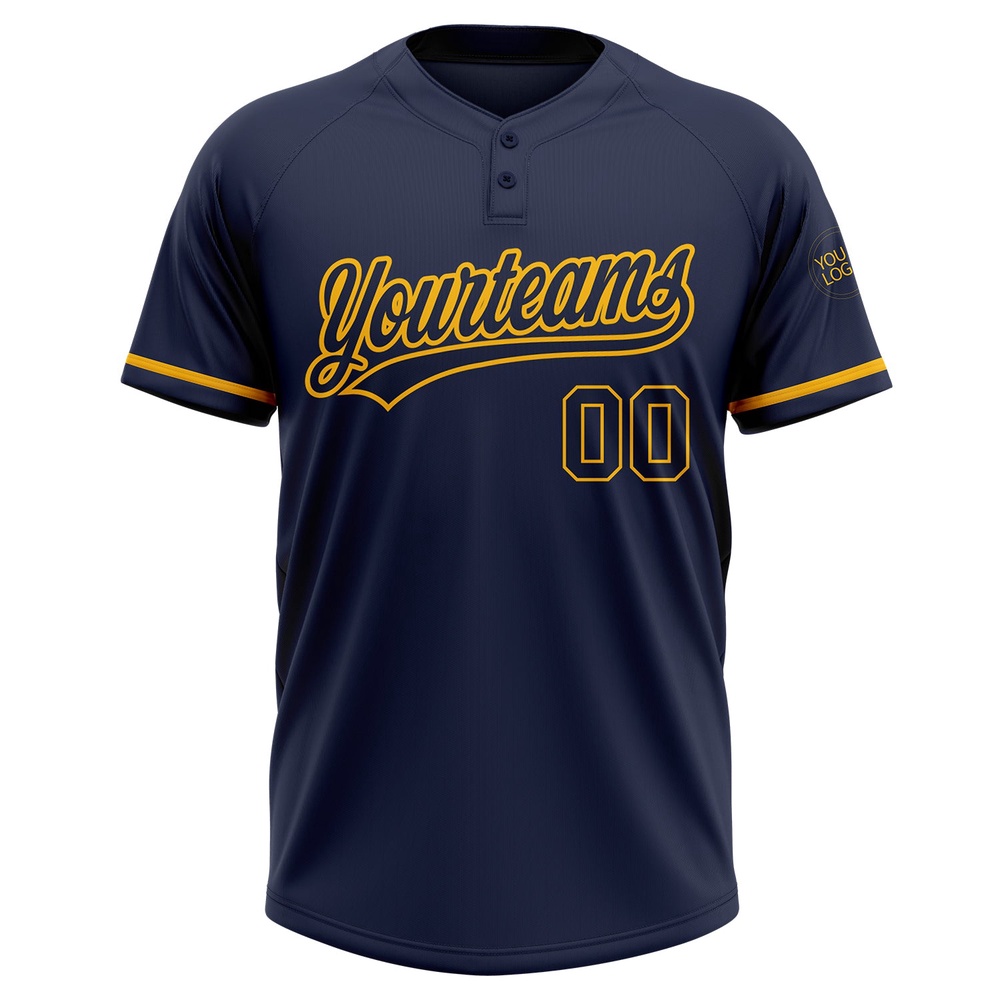 Navy Navy Gold Two Button Unisex Softball Jersey, Custom Team Softball Jersey Navy Navy Gold Two Button Unisex Softball Jersey, Custom Team Softball Jersey