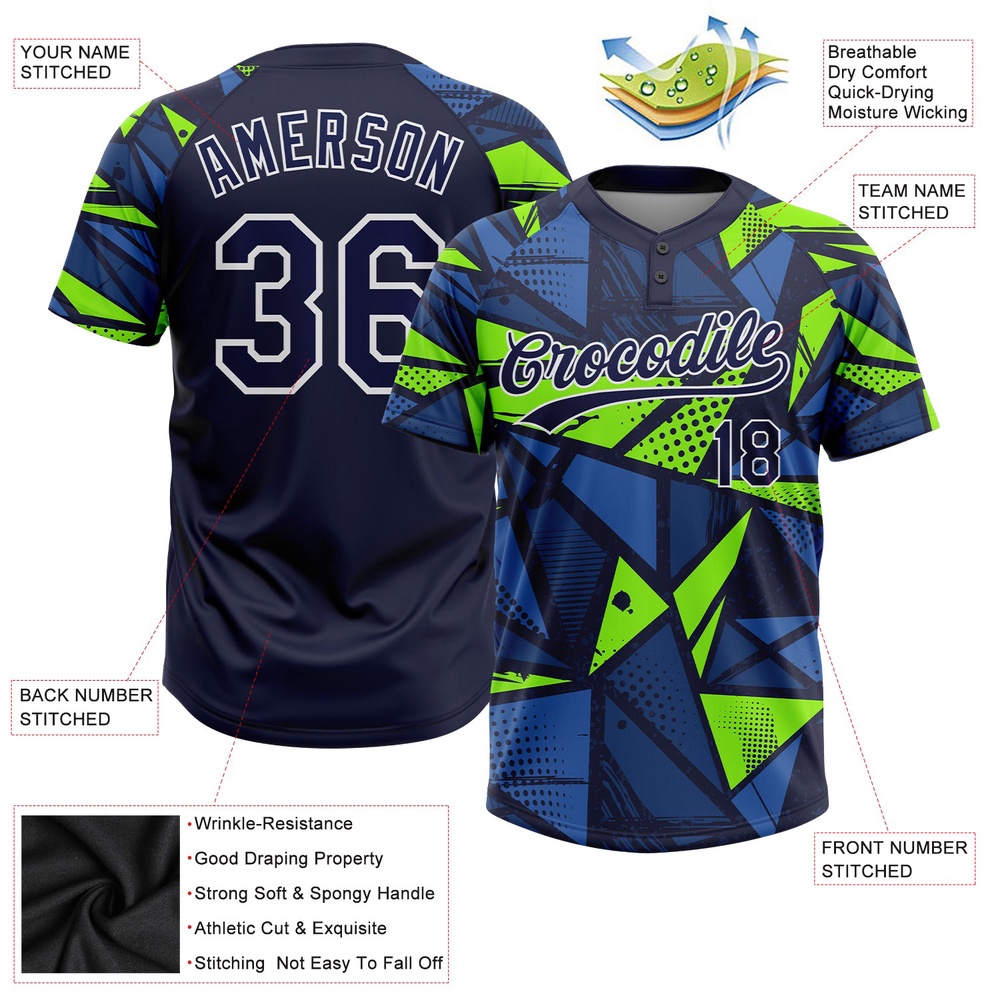 Navy Navy Neon Green 3D Pattern Two Button Unisex Softball Jersey, Custom Team Softball Jersey Navy Navy Neon Green 3D Pattern Two Button Unisex Softball Jersey, Custom Team Softball Jersey