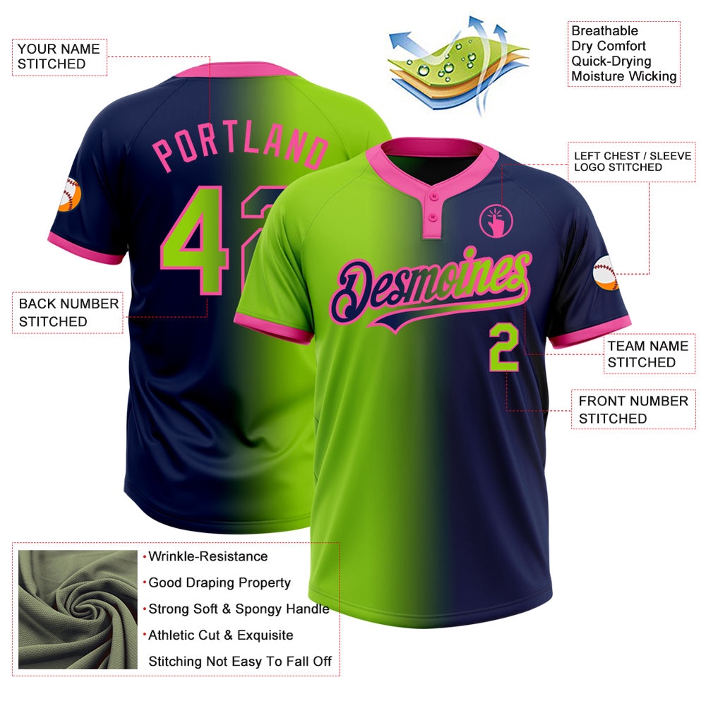 Navy Neon Green Pink Gradient Fashion Two Button Unisex Softball Jersey, Custom Team Softball Jersey Navy Neon Green Pink Gradient Fashion Two Button Unisex Softball Jersey, Custom Team Softball Jersey