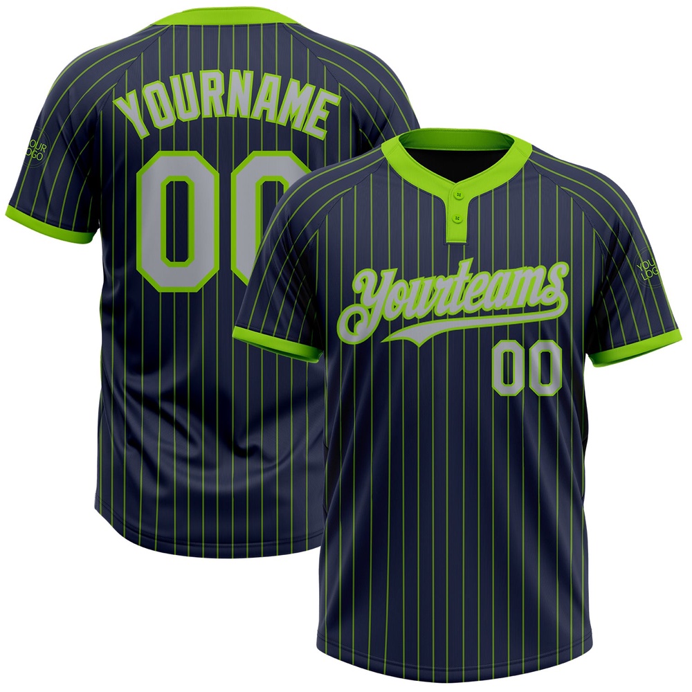 Navy Neon Green Pinstripe Gray Two Button Unisex Softball Jersey, Custom Team Softball Jersey Navy Neon Green Pinstripe Gray Two Button Unisex Softball Jersey, Custom Team Softball Jersey