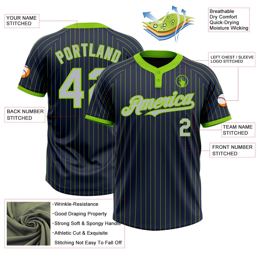 Navy Neon Green Pinstripe Gray Two Button Unisex Softball Jersey, Custom Team Softball Jersey Navy Neon Green Pinstripe Gray Two Button Unisex Softball Jersey, Custom Team Softball Jersey