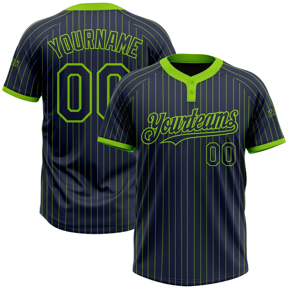Navy Neon Green Pinstripe Neon Green Two Button Unisex Softball Jersey, Custom Team Softball Jersey Navy Neon Green Pinstripe Neon Green Two Button Unisex Softball Jersey, Custom Team Softball Jersey
