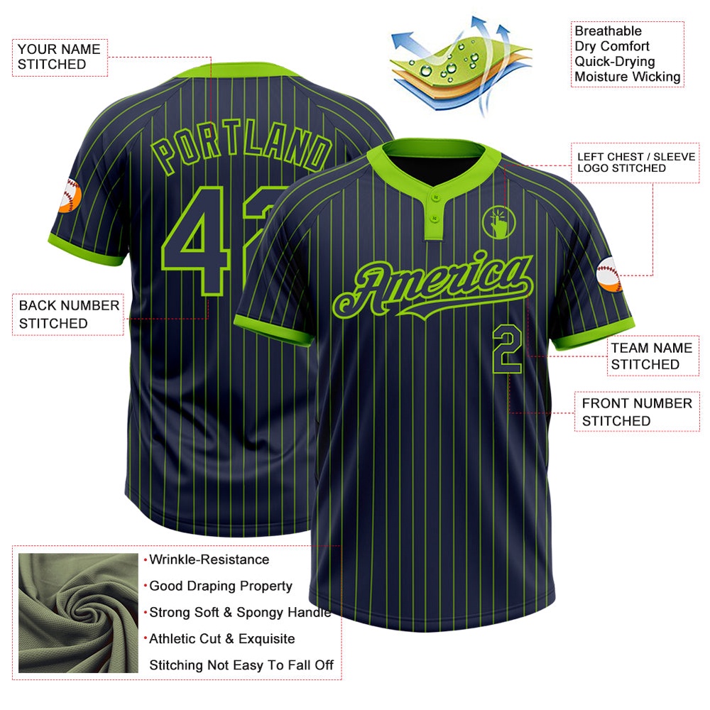 Navy Neon Green Pinstripe Neon Green Two Button Unisex Softball Jersey, Custom Team Softball Jersey Navy Neon Green Pinstripe Neon Green Two Button Unisex Softball Jersey, Custom Team Softball Jersey