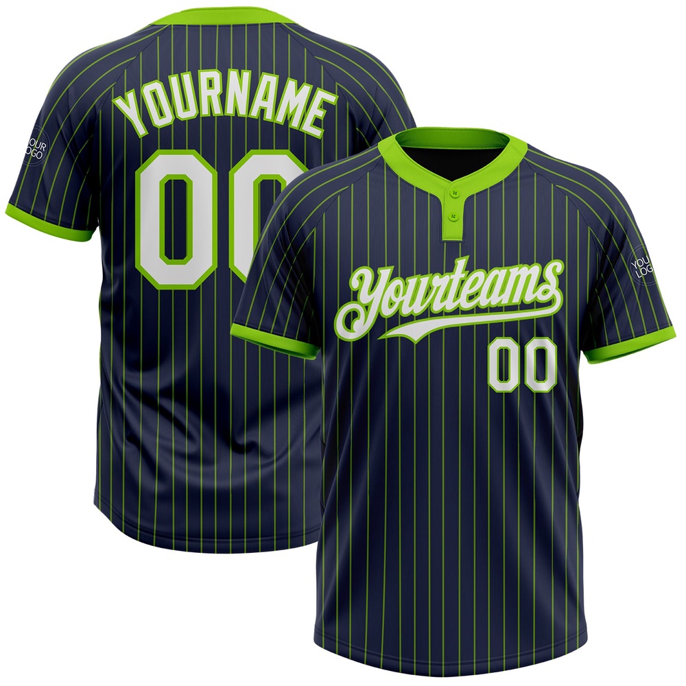 Navy Neon Green Pinstripe White Two Button Unisex Softball Jersey, Custom Team Softball Jersey Navy Neon Green Pinstripe White Two Button Unisex Softball Jersey, Custom Team Softball Jersey
