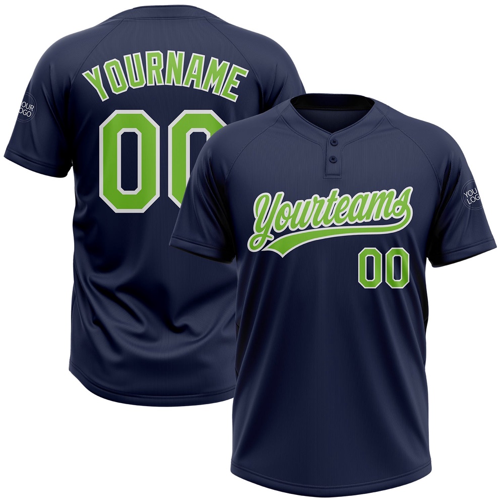 Navy Neon Green White Two Button Unisex Softball Jersey, Custom Team Softball Jersey Navy Neon Green White Two Button Unisex Softball Jersey, Custom Team Softball Jersey
