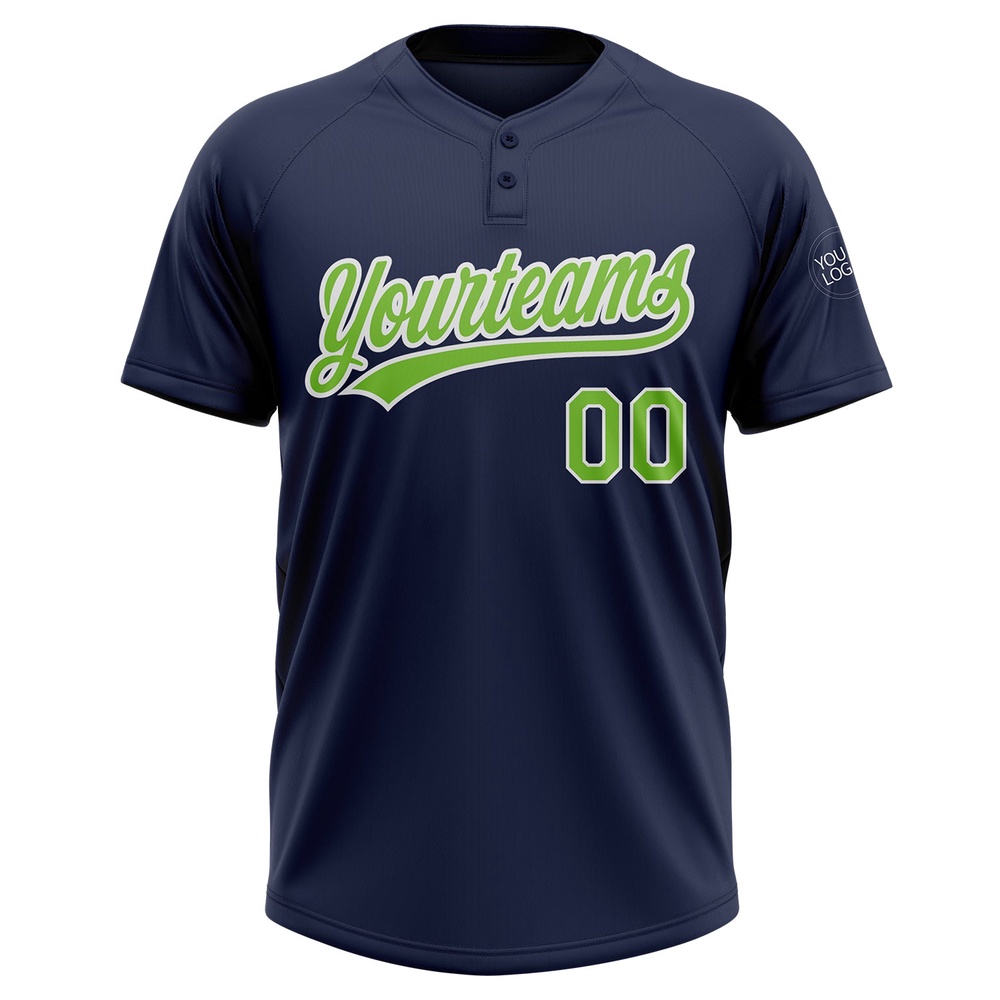 Navy Neon Green White Two Button Unisex Softball Jersey, Custom Team Softball Jersey Navy Neon Green White Two Button Unisex Softball Jersey, Custom Team Softball Jersey