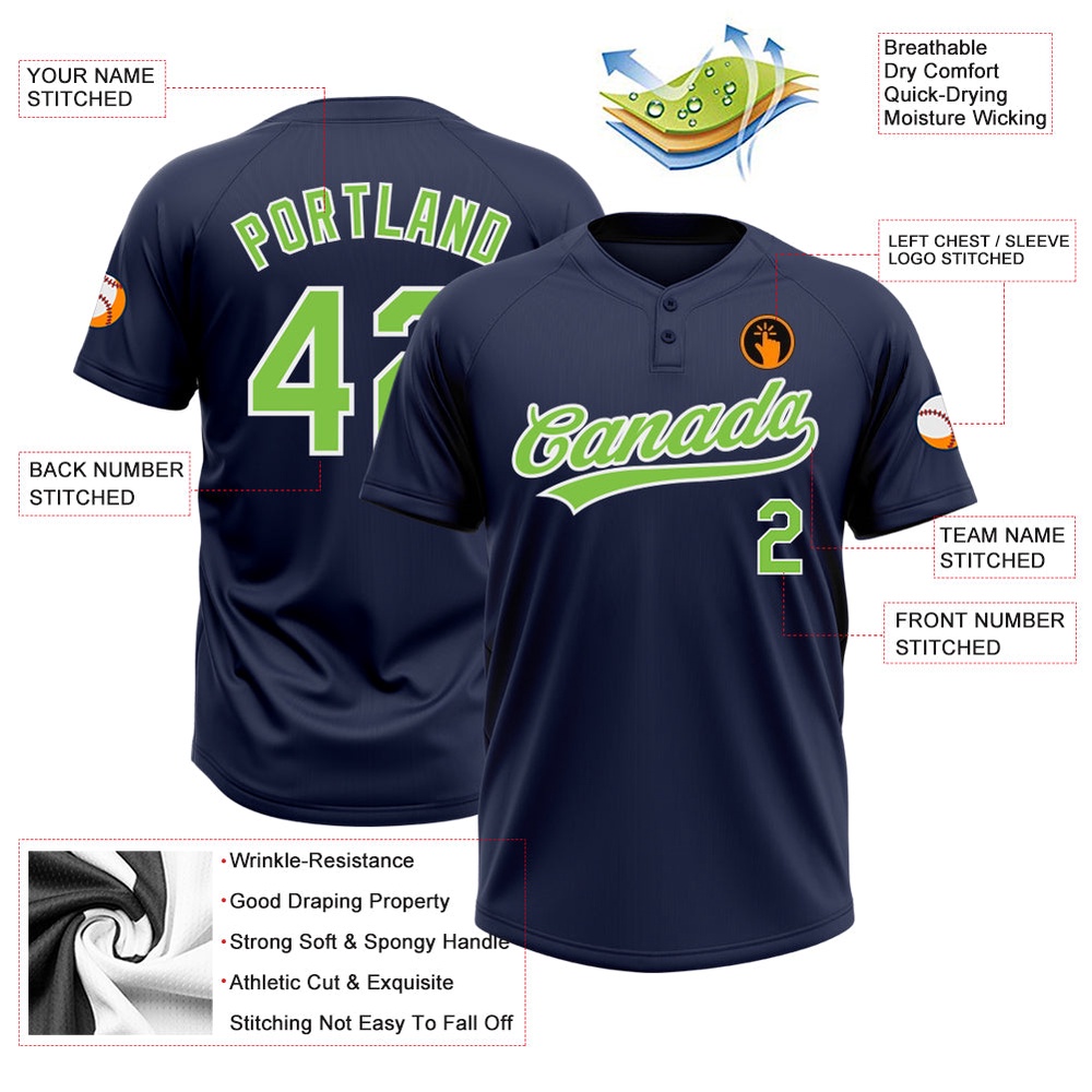 Navy Neon Green White Two Button Unisex Softball Jersey, Custom Team Softball Jersey Navy Neon Green White Two Button Unisex Softball Jersey, Custom Team Softball Jersey