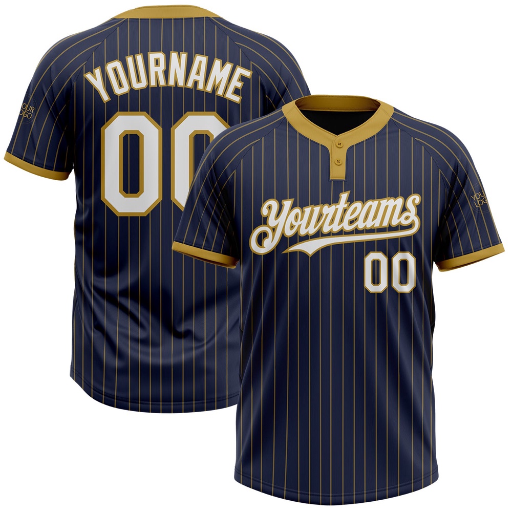 Navy Old Gold Pinstripe White Two Button Unisex Softball Jersey, Custom Team Softball Jersey Navy Old Gold Pinstripe White Two Button Unisex Softball Jersey, Custom Team Softball Jersey