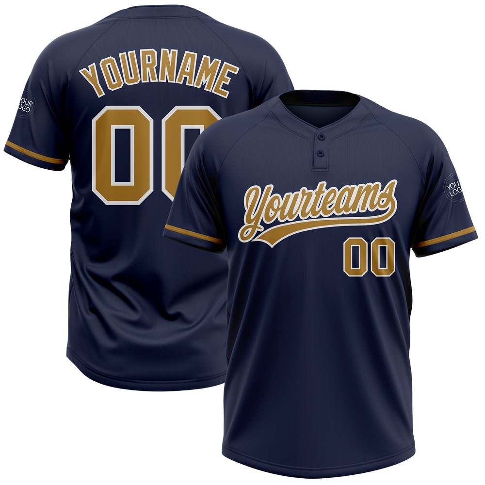 Navy Old Gold White Two Button Unisex Softball Jersey, Custom Team Softball Jersey Navy Old Gold White Two Button Unisex Softball Jersey, Custom Team Softball Jersey