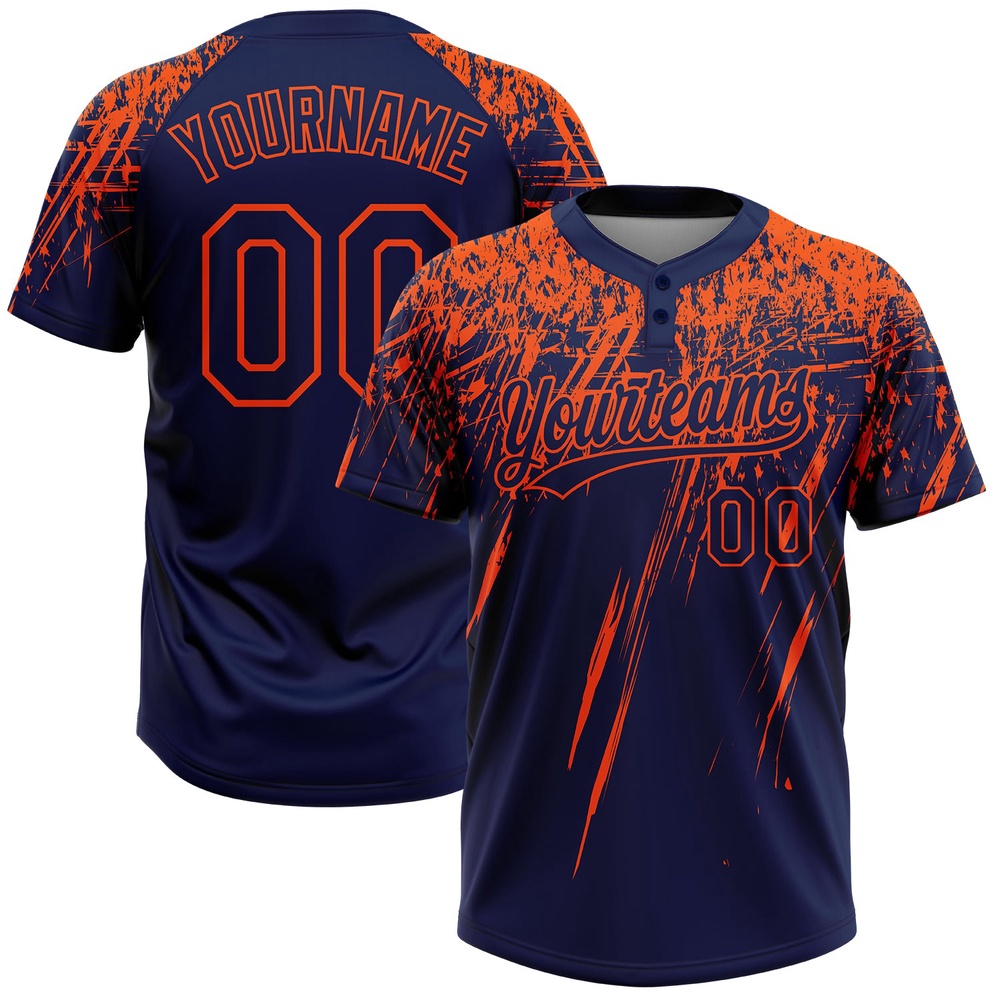 Navy Orange 3D Pattern Abstract Sharp Shape Two Button Unisex Softball Jersey, Custom Team Softball Jersey