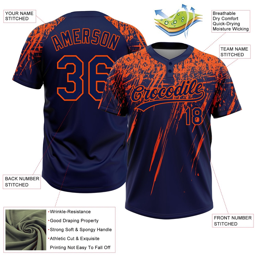 Navy Orange 3D Pattern Abstract Sharp Shape Two Button Unisex Softball Jersey, Custom Team Softball Jersey