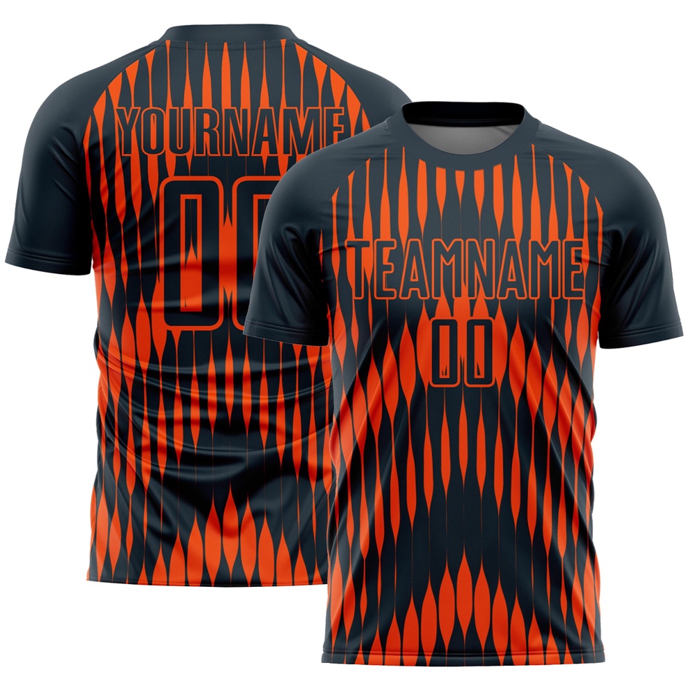 Navy Orange Abstract Triangle Sublimation Soccer Uniform Jersey, Custom Team Soccer Jersey Shirt