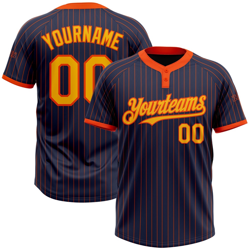 Navy Orange Pinstripe Gold Two Button Unisex Softball Jersey, Custom Team Softball Jersey Navy Orange Pinstripe Gold Two Button Unisex Softball Jersey, Custom Team Softball Jersey