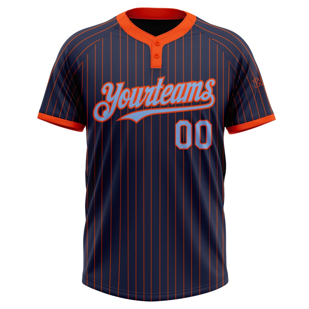 Navy Orange Pinstripe Light Blue Two Button Unisex Softball Jersey, Custom Team Softball Jersey Navy Orange Pinstripe Light Blue Two Button Unisex Softball Jersey, Custom Team Softball Jersey