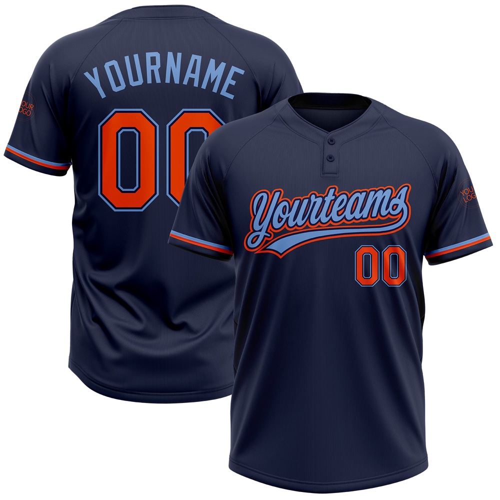 Navy Orange Powder Blue Two Button Unisex Softball Jersey, Custom Team Softball Jersey