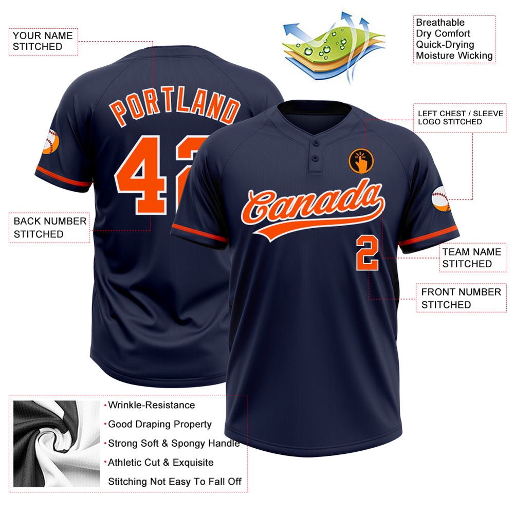 Navy Orange White Two Button Unisex Softball Jersey, Custom Team Softball Jersey