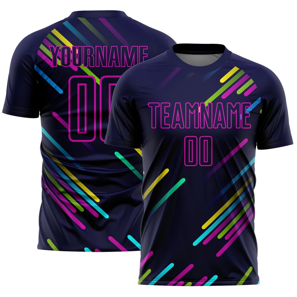 Navy Pink Lines Sublimation Soccer Uniform Jersey, Custom Team Soccer Jersey Shirt Navy Pink Lines Sublimation Soccer Uniform Jersey, Custom Team Soccer Jersey Shirt