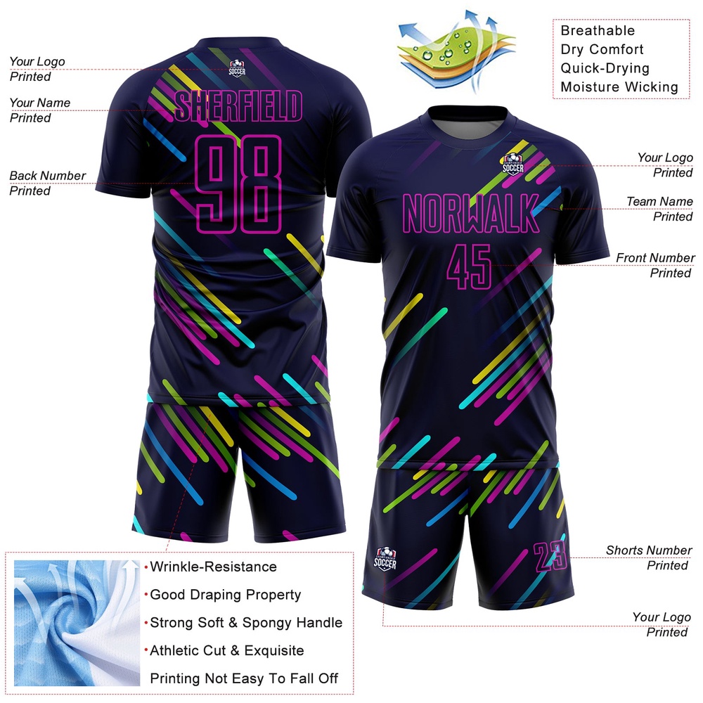 Navy Pink Lines Sublimation Soccer Uniform Jersey, Custom Team Soccer Jersey Shirt Navy Pink Lines Sublimation Soccer Uniform Jersey, Custom Team Soccer Jersey Shirt