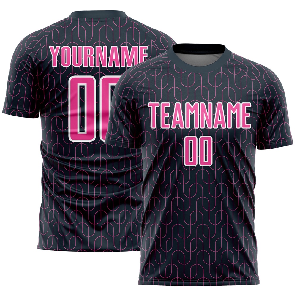 Navy Pink White Geometric Pattern Sublimation Soccer Uniform Jersey, Custom Team Soccer Jersey Shirt Navy Pink White Geometric Pattern Sublimation Soccer Uniform Jersey, Custom Team Soccer Jersey Shirt