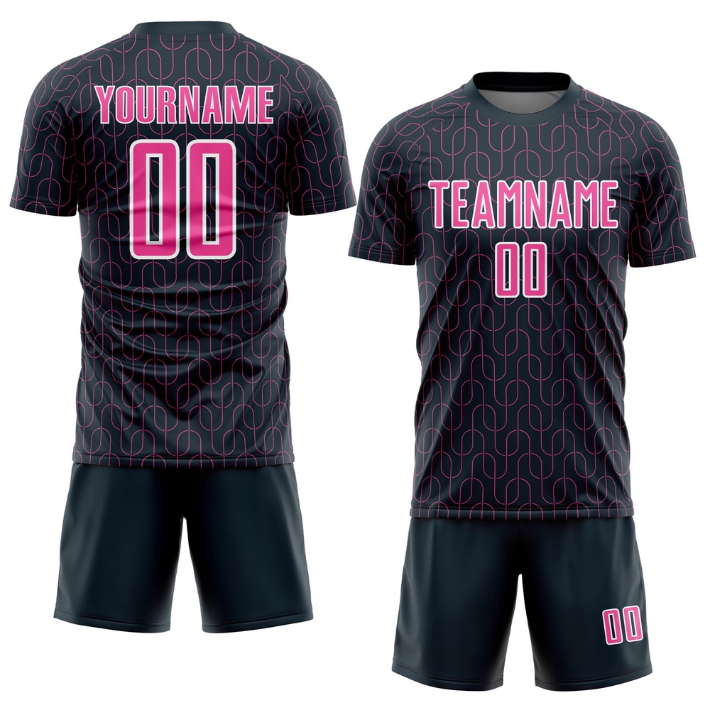 Navy Pink White Geometric Pattern Sublimation Soccer Uniform Jersey, Custom Team Soccer Jersey Shirt Navy Pink White Geometric Pattern Sublimation Soccer Uniform Jersey, Custom Team Soccer Jersey Shirt