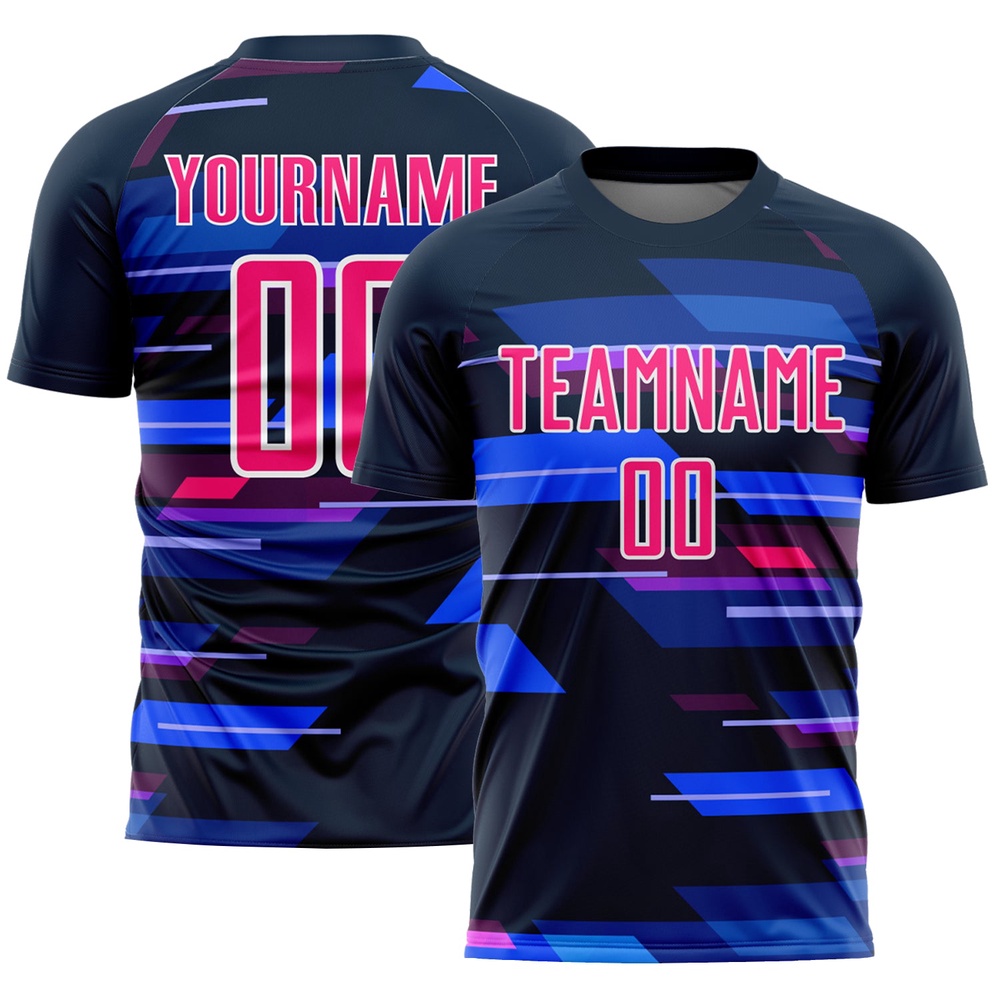 Navy Pink White Geometric Shapes Sublimation Soccer Uniform Jersey, Custom Team Soccer Jersey Shirt Navy Pink White Geometric Shapes Sublimation Soccer Uniform Jersey, Custom Team Soccer Jersey Shirt