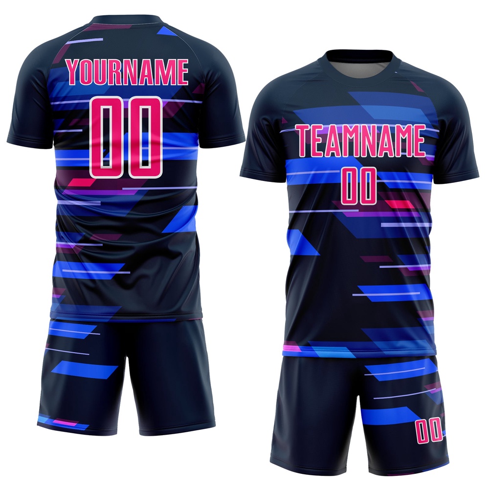 Navy Pink White Geometric Shapes Sublimation Soccer Uniform Jersey, Custom Team Soccer Jersey Shirt Navy Pink White Geometric Shapes Sublimation Soccer Uniform Jersey, Custom Team Soccer Jersey Shirt