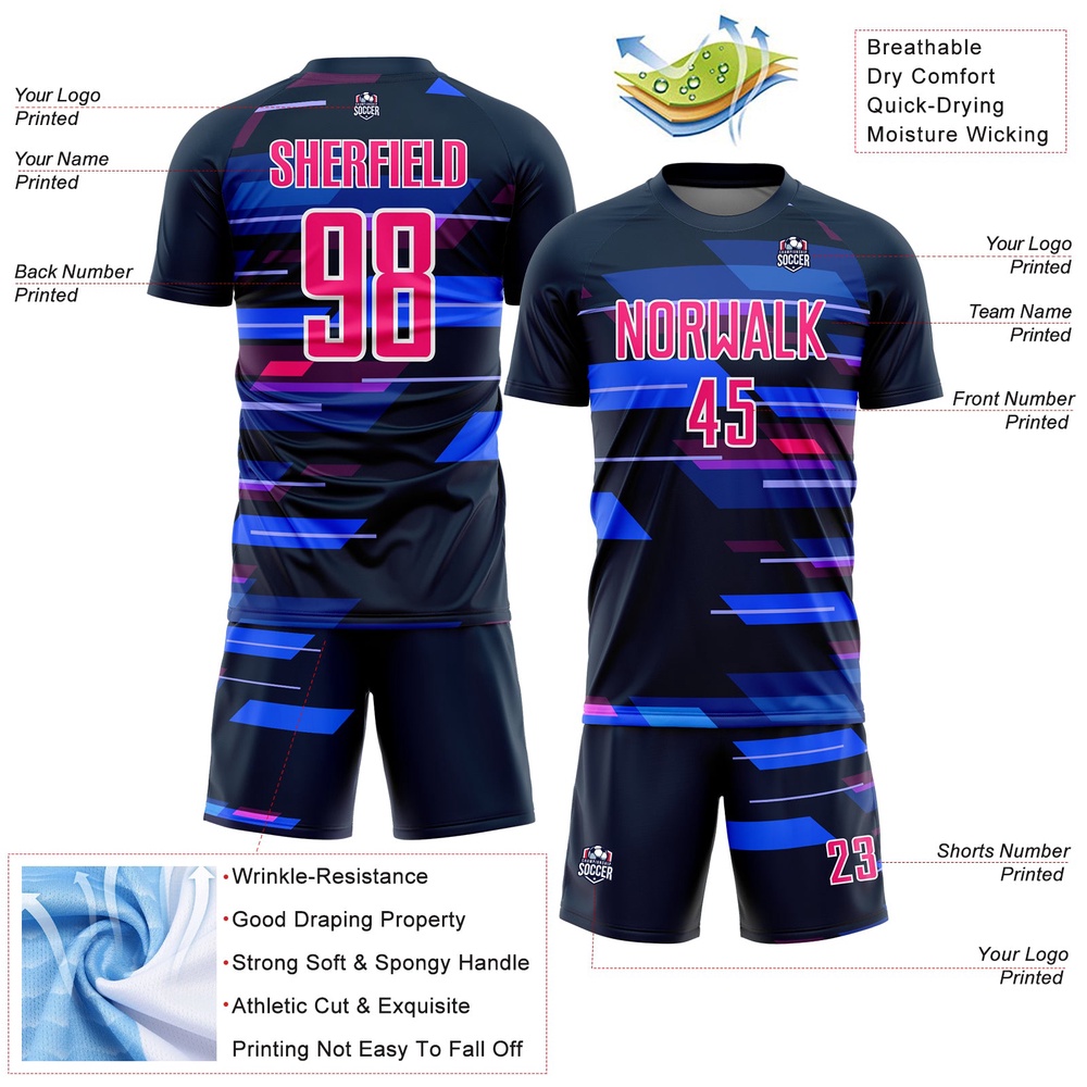 Navy Pink White Geometric Shapes Sublimation Soccer Uniform Jersey, Custom Team Soccer Jersey Shirt Navy Pink White Geometric Shapes Sublimation Soccer Uniform Jersey, Custom Team Soccer Jersey Shirt